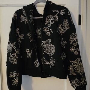 DRIFTWOOD Black Crop Hoodie With White Floral Embroidery